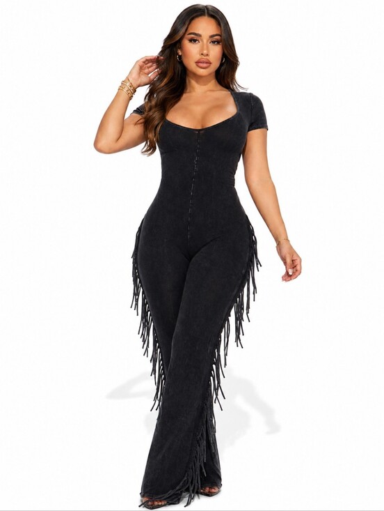 Fashion Nova Pants - Flare Fringe Jumpsuit Black Short-Sleeve WOMENS LARGE